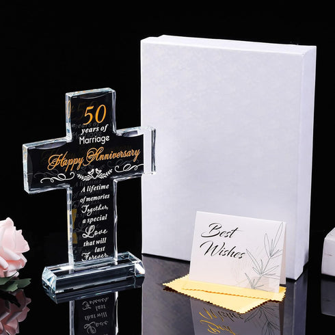 50th Wedding Anniversary Religious Cross Gift - Laser Engraved Glass Standing Cross Keepsake